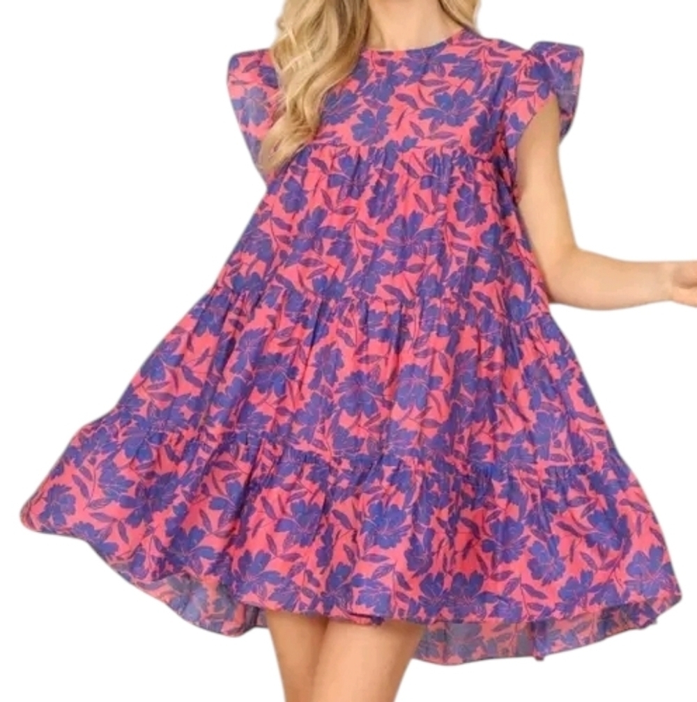 Olivaceous Flutter Sleeve Tiered Cotton Mini Dress Floral Print - Picture 6 of 13